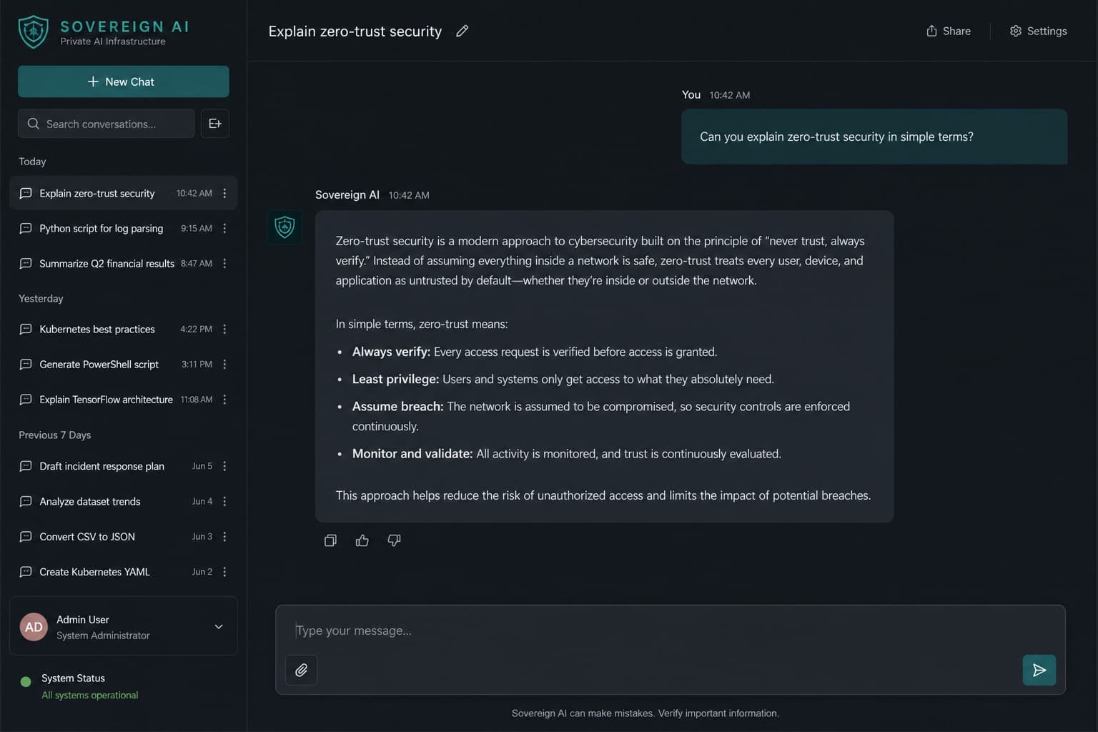 Interface preview of the Sovereign AI local chatbot