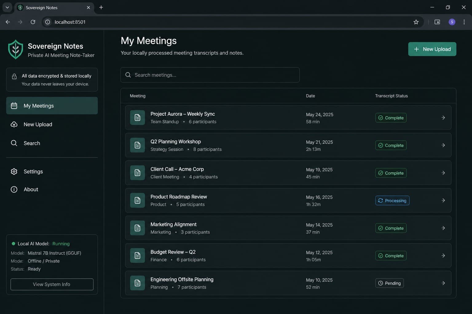 Interface preview of the Sovereign Notes AI meeting note-taker